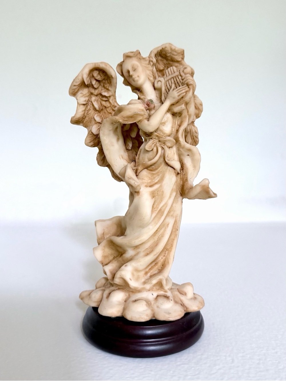 Ivory-Tone Angel with Lyre Figurine Sculpture - Home Art Decor with Stand